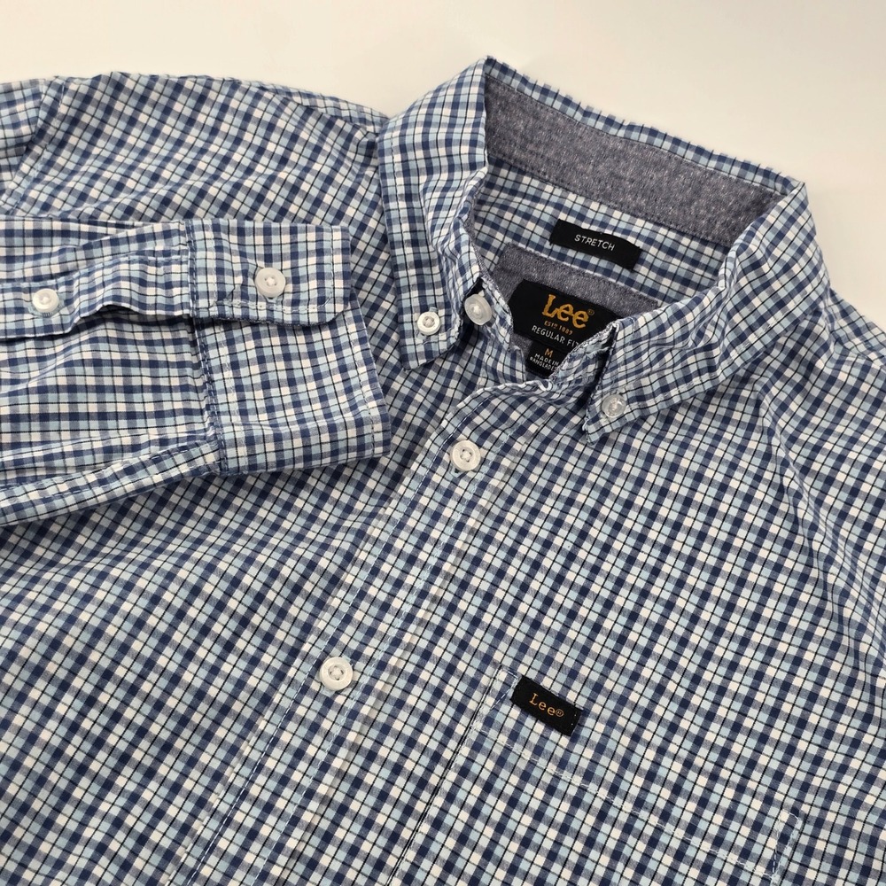 Lee Button Down Shirt Mens M Blue White Gingham Stretch Regular Fit Long Sleeve